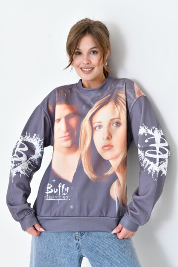 Kadın Yüz Baskılı Oversize Geniş Kalıp Desenli Curve Sweatshirt