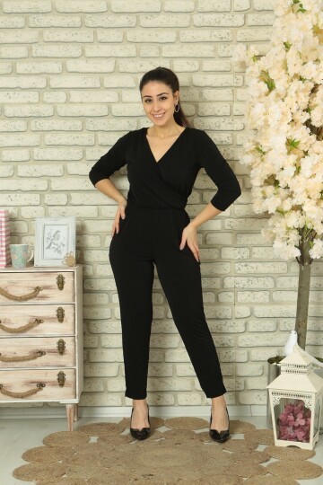 Siyah Kruvaze Şık Spor Tulum