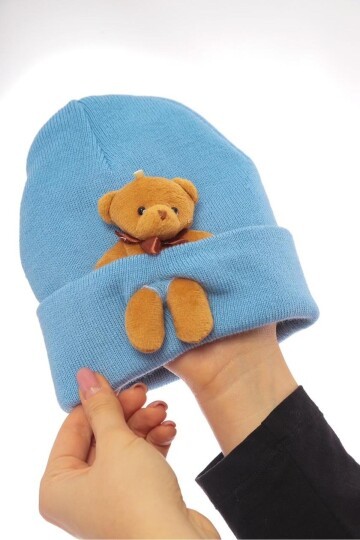 Unisex Ayılı Spor Şık Tasarım Hediyelik Bebe Mavisi Bere