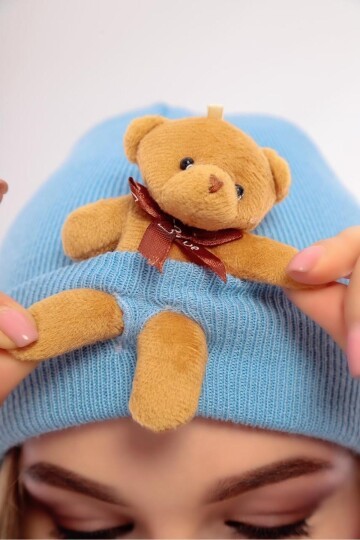 Unisex Ayılı Spor Şık Tasarım Hediyelik Bebe Mavisi Bere