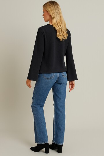 Kadın Antrasit Gri Tam Kalıp Ceket Önden Bağlamalı İspanyol Kol Ceket