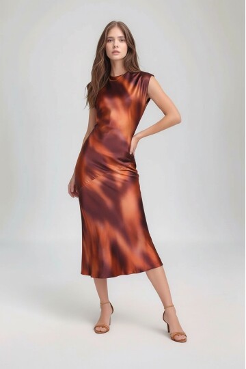 Kadın Ay Kol Bisiklet Yaka Asimetrik Etek Saten Şık Midi Gece Elbisesi