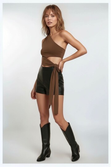 Kadın Belden Bağlama Detay Tek Kol Omzu Açık Spor Şık Rahat Kalıp Croptop Bluz