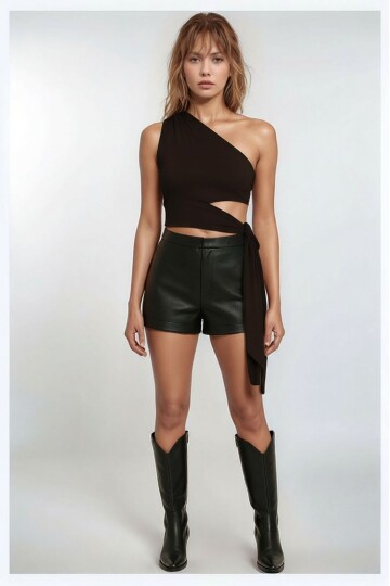 Kadın Belden Bağlama Detay Tek Kol Omzu Açık Spor Şık Rahat Kalıp Croptop Bluz