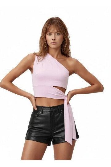 Kadın Belden Bağlama Detay Tek Kol Omzu Açık Spor Şık Rahat Kalıp Croptop Bluz