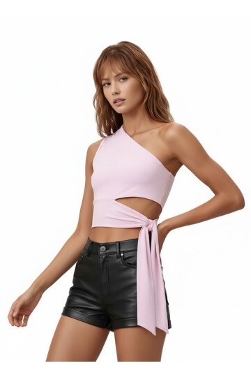 Kadın Belden Bağlama Detay Tek Kol Omzu Açık Spor Şık Rahat Kalıp Croptop Bluz