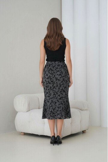 Kadın Beli Lastikli Çiçek Desenli Tül Balık Kesim Eteği Volanlı Midi Boy Curve Şık Etek