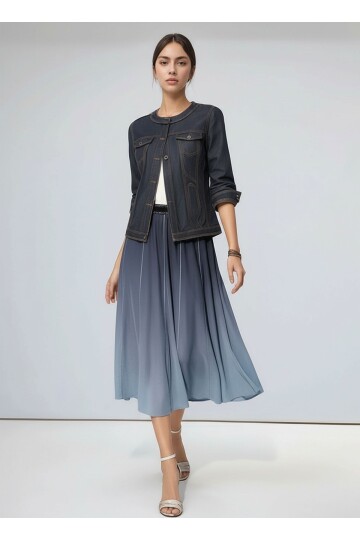 Kadın Beli Lastikli Simli Tül Midi Boy Curve Spor Şık Lacivert Etek