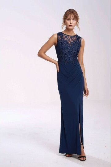 Kadın Bisiklet Dantel Yaka Sırtı Büzgülü Maxi Boy Şık Abiye Gece Elbisesi