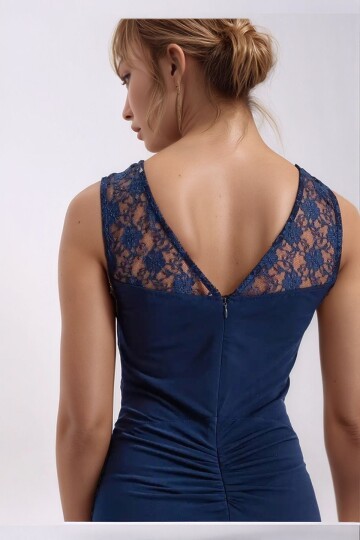 Kadın Bisiklet Dantel Yaka Sırtı Büzgülü Maxi Boy Şık Abiye Gece Elbisesi