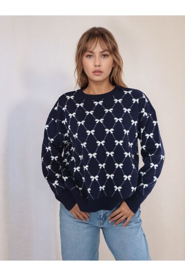 Kadın Bisiklet Yaka Basic Uzun Kol Yaka Kurdele Desenli Spor Şık Triko Kazak