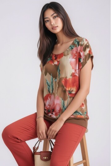 Kadın Bisiklet Yaka Çiçek Desenli Esnek Büyük Beden Geniş Kalıp Curve Viskon Bluz