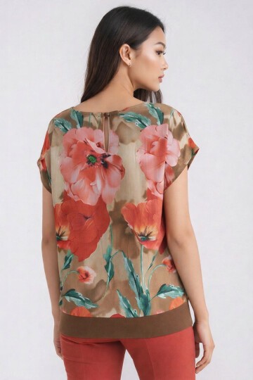 Kadın Bisiklet Yaka Çiçek Desenli Esnek Büyük Beden Geniş Kalıp Curve Viskon Bluz