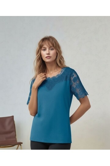Kadın Bisiklet Yaka Dantel Yarım Kol Spor Şık Büyük Beden Curve Pamuk Bluz