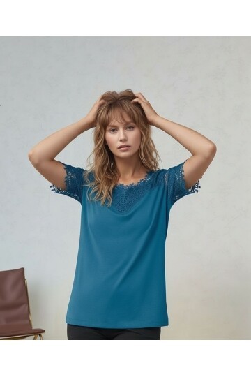 Kadın Bisiklet Yaka Dantel Yarım Kol Spor Şık Büyük Beden Curve Pamuk Bluz