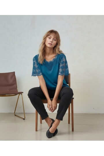 Kadın Bisiklet Yaka Dantel Yarım Kol Spor Şık Büyük Beden Curve Pamuk Bluz