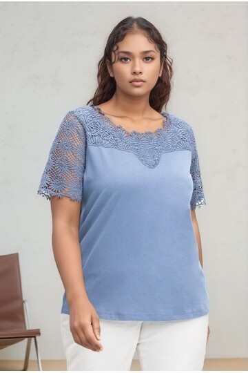 Kadın Bisiklet Yaka Dantel Yarım Kol Spor Şık Büyük Beden Curve Pamuk Bluz