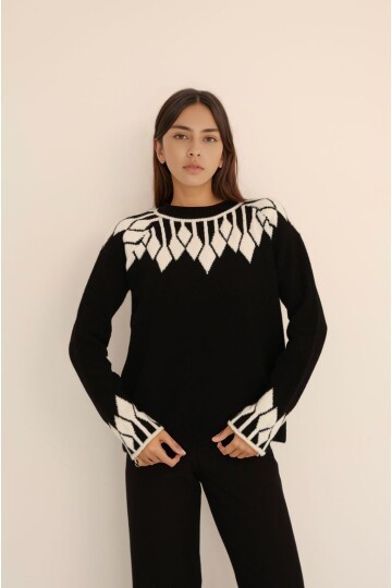 Kadın Bisiklet Yaka Desenli Uzun Kol Spor Şık Triko Kazak Tesettüre Uygun