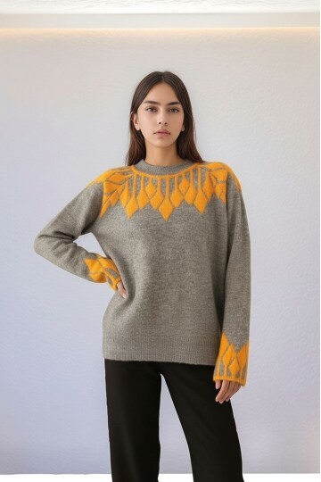 Kadın Bisiklet Yaka Desenli Uzun Kol Spor Şık Triko Kazak Tesettüre Uygun