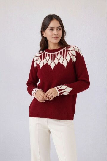 Kadın Bisiklet Yaka Desenli Uzun Kol Spor Şık Triko Kazak Tesettüre Uygun