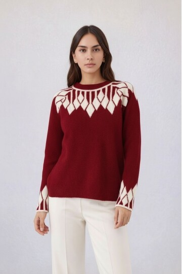 Kadın Bisiklet Yaka Desenli Uzun Kol Spor Şık Triko Kazak Tesettüre Uygun