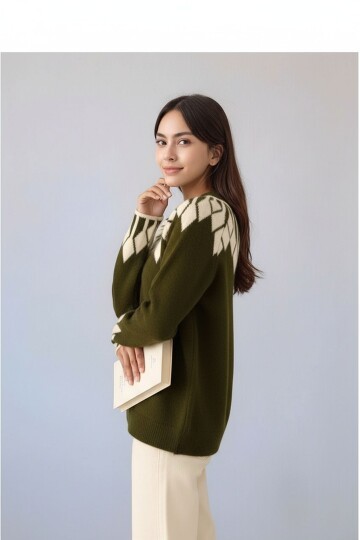 Kadın Bisiklet Yaka Desenli Uzun Kol Spor Şık Triko Kazak Tesettüre Uygun