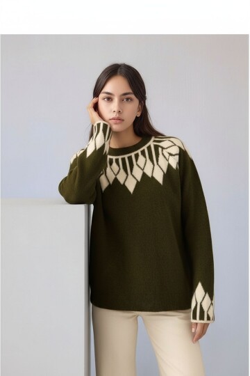 Kadın Bisiklet Yaka Desenli Uzun Kol Spor Şık Triko Kazak Tesettüre Uygun