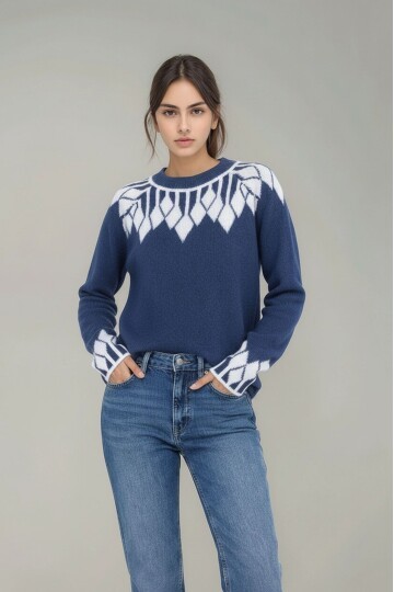 Kadın Bisiklet Yaka Desenli Uzun Kol Spor Şık Triko Kazak Tesettüre Uygun