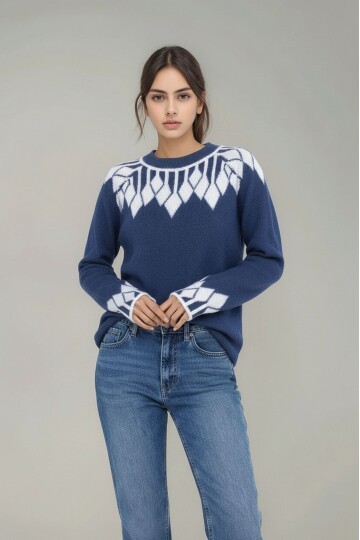 Kadın Bisiklet Yaka Desenli Uzun Kol Spor Şık Triko Kazak Tesettüre Uygun