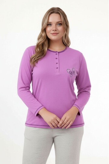 Kadın Bisiklet Yaka Düğmeli Kelebek Nakışlı Uzun Kol Büyük Beden Pamuk Curve Gecelik