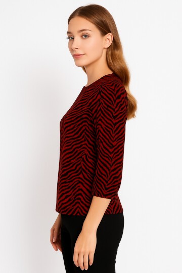 Kadın Bisiklet Yaka Esnek Desenli Spor Şık Truvakar Kol Bluz