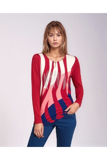 Kadın Bisiklet Yaka Esnek Desenli Taşlı Viskon Uzun Kol Curve Büyük Beden Bluz