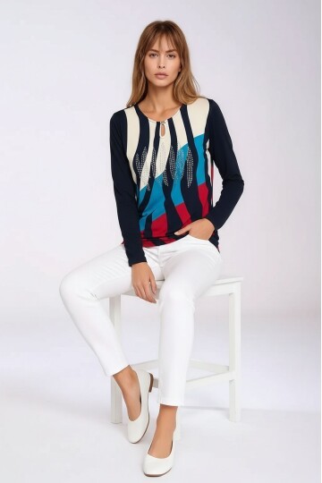 Kadın Bisiklet Yaka Esnek Desenli Taşlı Viskon Uzun Kol Curve Büyük Beden Bluz