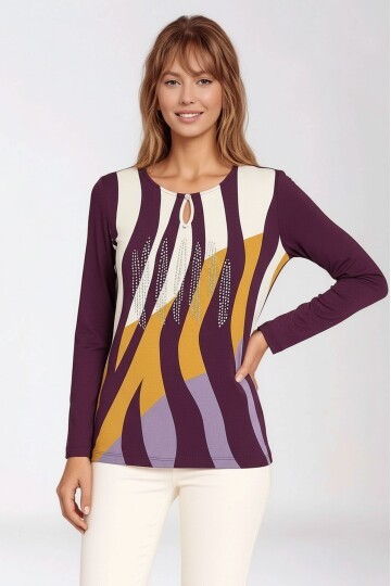 Kadın Bisiklet Yaka Esnek Desenli Taşlı Viskon Uzun Kol Curve Büyük Beden Bluz