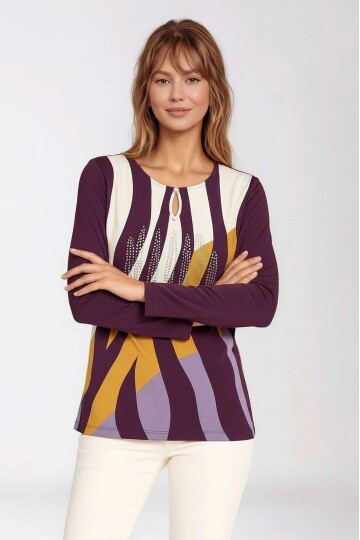 Kadın Bisiklet Yaka Esnek Desenli Taşlı Viskon Uzun Kol Curve Büyük Beden Bluz