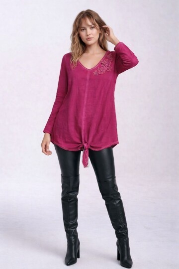 Kadın Bisiklet Yakası Taşlı %100 Cotton Viskon Uzun Kol Curve Büyük Beden Bluz