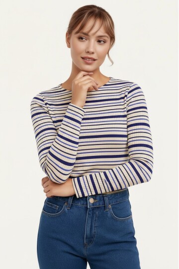 Kadın Bisiklet Yaka Full Esnek Çizgili Comfort Spor Şık Tasarım Yumoş Bluz