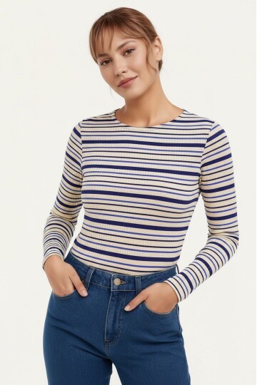 Kadın Bisiklet Yaka Full Esnek Çizgili Comfort Spor Şık Tasarım Yumoş Bluz