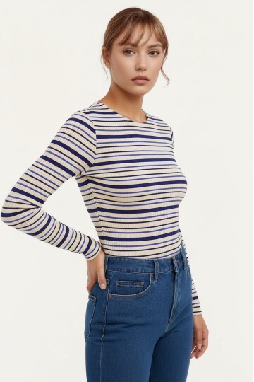 Kadın Bisiklet Yaka Full Esnek Çizgili Comfort Spor Şık Tasarım Yumoş Bluz