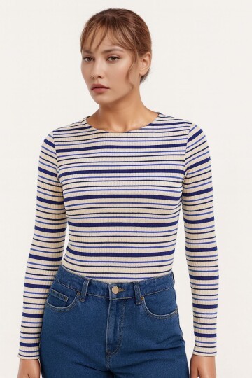 Kadın Bisiklet Yaka Full Esnek Çizgili Comfort Spor Şık Tasarım Yumoş Bluz