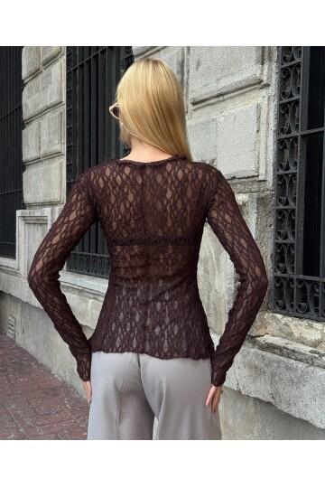 Kadın Bisiklet Yaka Full Esnek Dantel Bürümcük Spor Şık Tasarım Asimetrik Kesim Gece Bluzu