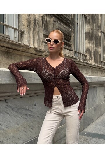 Kadın V Yaka Full Esnek Dantel Bürümcük Spor Şık Tasarım Asimetrik Kesim Gece Bluzu