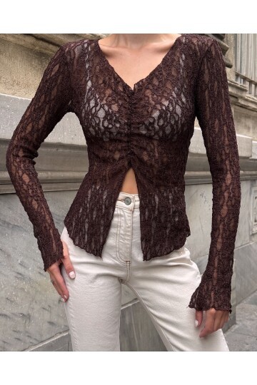 Kadın V Yaka Full Esnek Dantel Bürümcük Spor Şık Tasarım Asimetrik Kesim Gece Bluzu