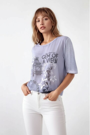 Kadın Bisiklet Yaka Kısa Kol Baskı Detaylı Spor Şık Curve Beli Lastikli Şifon Bluz