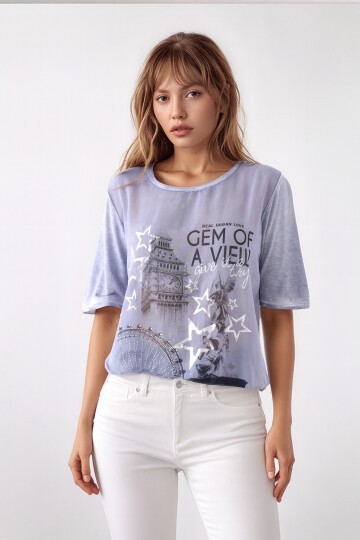 Kadın Bisiklet Yaka Kısa Kol Baskı Detaylı Spor Şık Curve Beli Lastikli Şifon Bluz