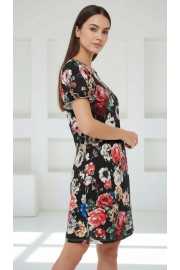 Kadın Bisiklet Yaka Kısa Volanlı Kol Viskon Günlük Midi Boy Desenli Casual Elbise