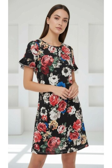 Kadın Bisiklet Yaka Kısa Volanlı Kol Viskon Günlük Midi Boy Desenli Casual Elbise