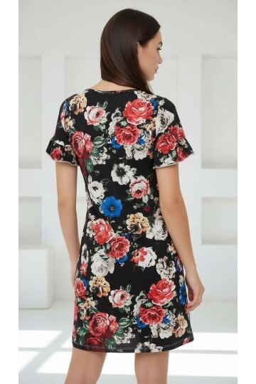 Kadın Bisiklet Yaka Kısa Volanlı Kol Viskon Günlük Midi Boy Desenli Casual Elbise