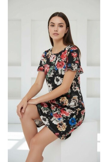 Kadın Bisiklet Yaka Kısa Volanlı Kol Viskon Günlük Midi Boy Desenli Casual Elbise