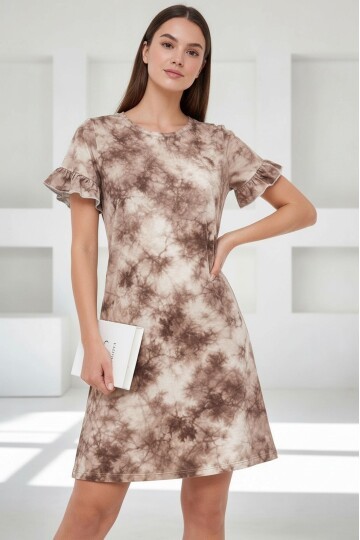 Kadın Bisiklet Yaka Kısa Volanlı Kol Viskon Günlük Midi Boy Desenli Casual Elbise